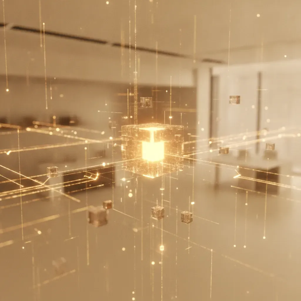 A 3D professional illustration of a glowing digital workspace representing strategic AI content creation and data organization.