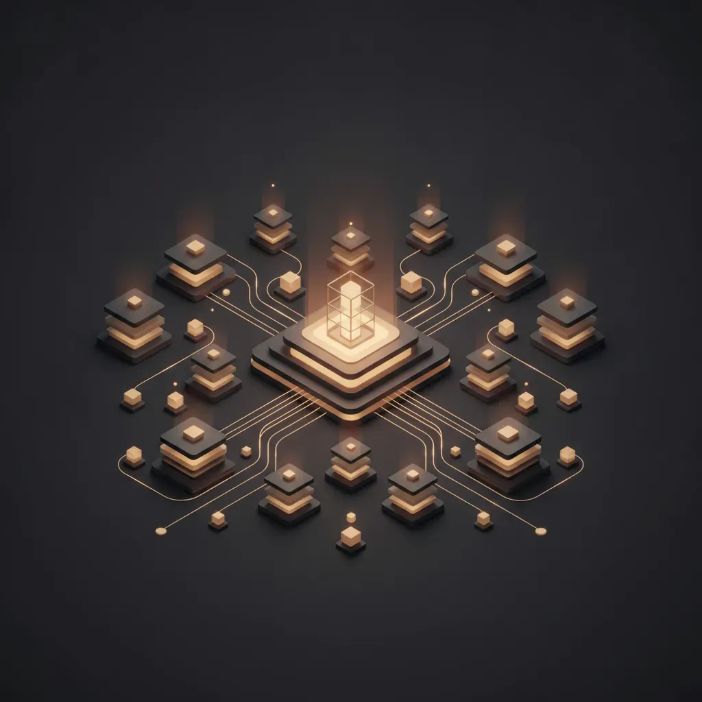 A 3D isometric illustration of a digital website architecture featuring interconnected data clusters and glowing nodes, representing optimized web structure and professional UX design.