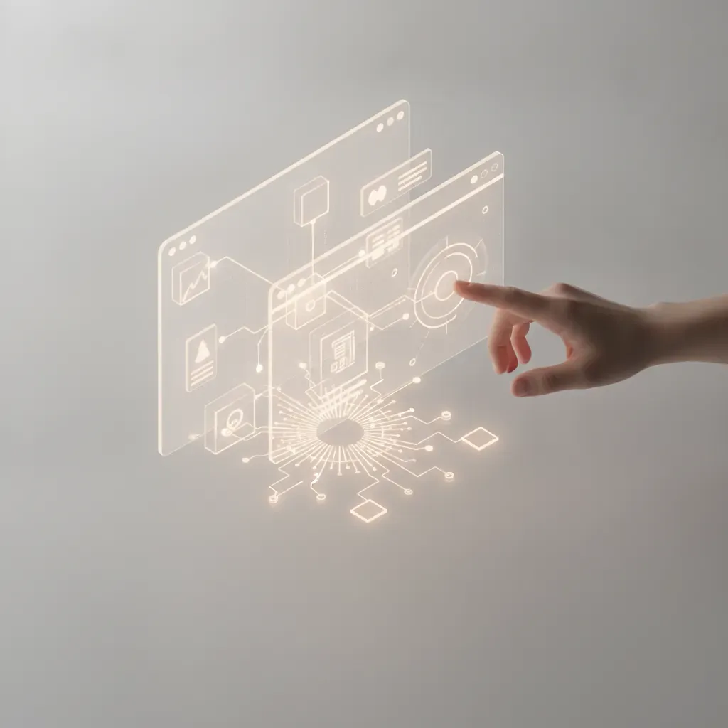 A modern 3D interface showing AI-assisted web management tools for SME businesses with a professional and clean design.