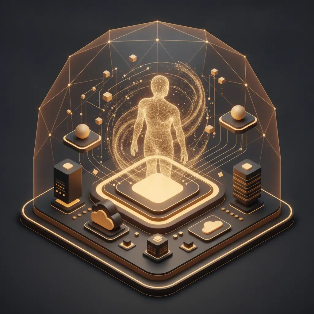 A 3D professional illustration of a digital ecosystem representing brand voice and content management with warm, sophisticated tones.