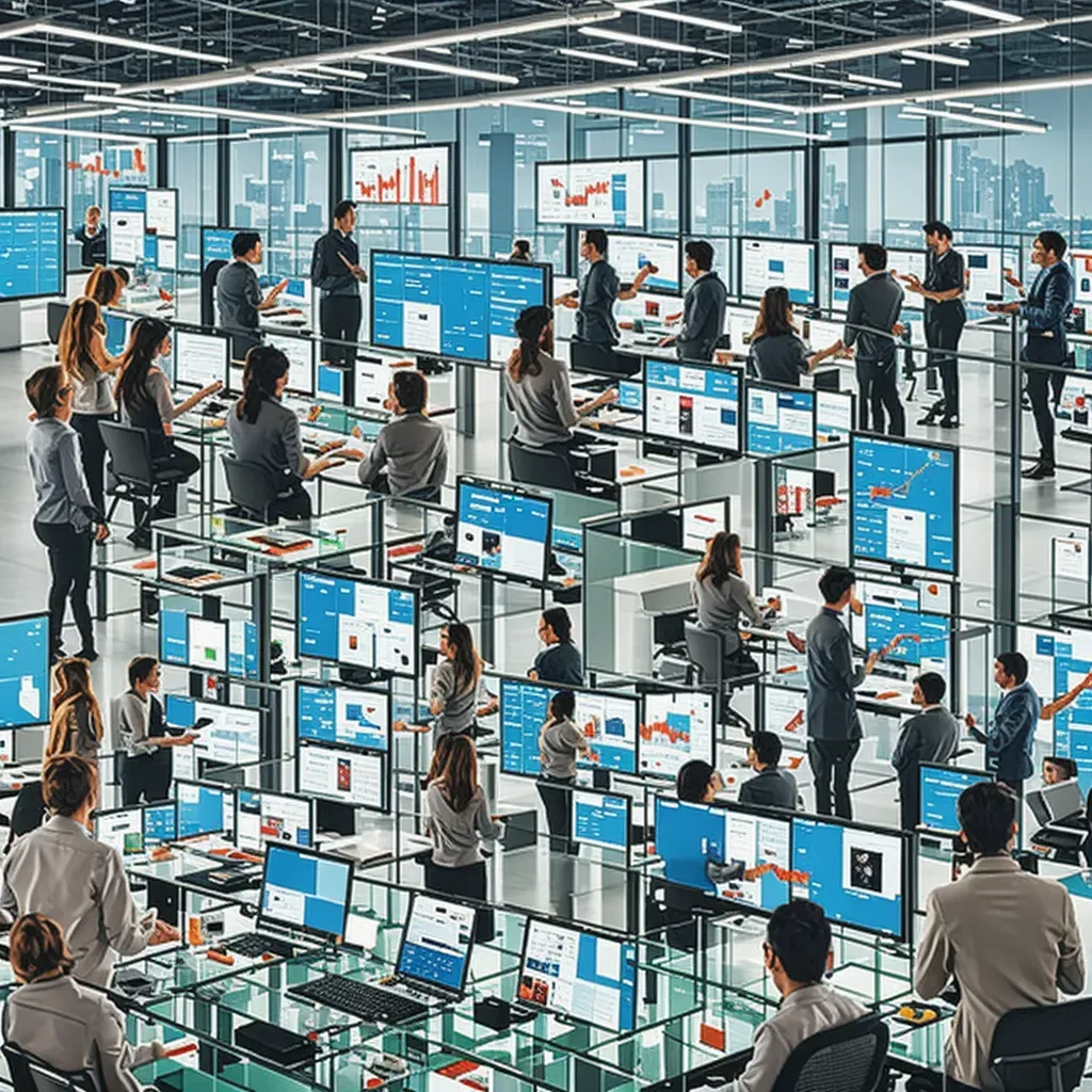 ทีมทำงาน E-Commerce กำลังวิเคราะห์ข้อมูลบนหน้าจอหลายแห่งอย่างมีส่วนร่วม
