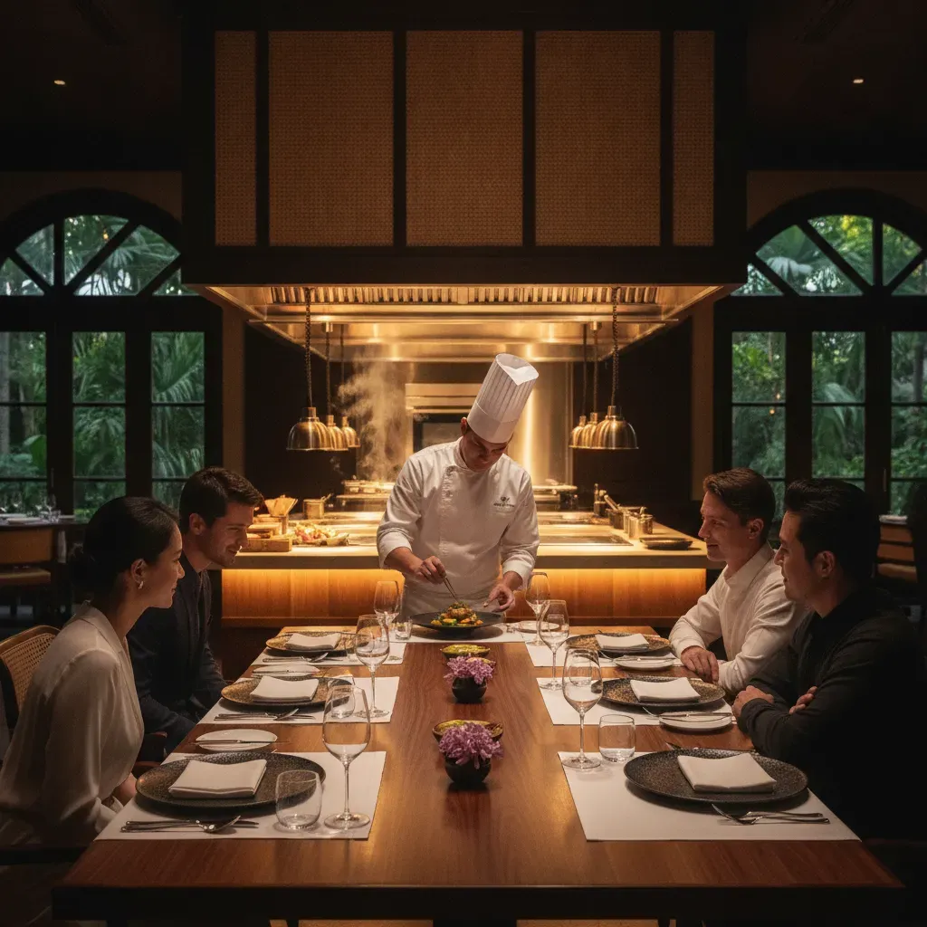 เชฟกำลังจัดจานอาหารอย่างประณีตในร้าน Chef's Table ท่ามกลางบรรยากาศที่หรูหราและเป็นกันเอง