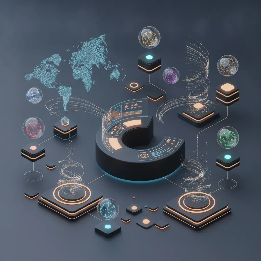 A modern 3D illustration showing a digital global business ecosystem with interconnected data nodes, representing professional multilingual website management.