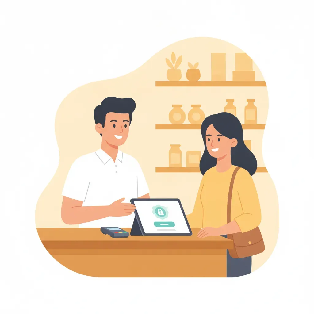 ผู้ประกอบการร้านค้ายิ้มแย้มต้อนรับลูกค้าที่เคาน์เตอร์พร้อมหน้าจอแท็บเล็ตแสดงความโปร่งใสของข้อมูลตามหลัก PDPA