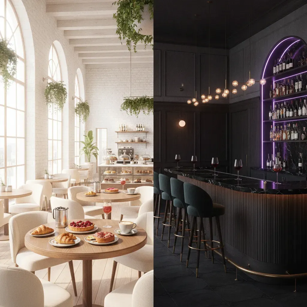 ภาพบรรยากาศร้านอาหารแบบ Day-to-Night ที่สว่างไสวในตอนกลางวันและเปลี่ยนเป็นบาร์สุดหรูในยามค่ำคืน