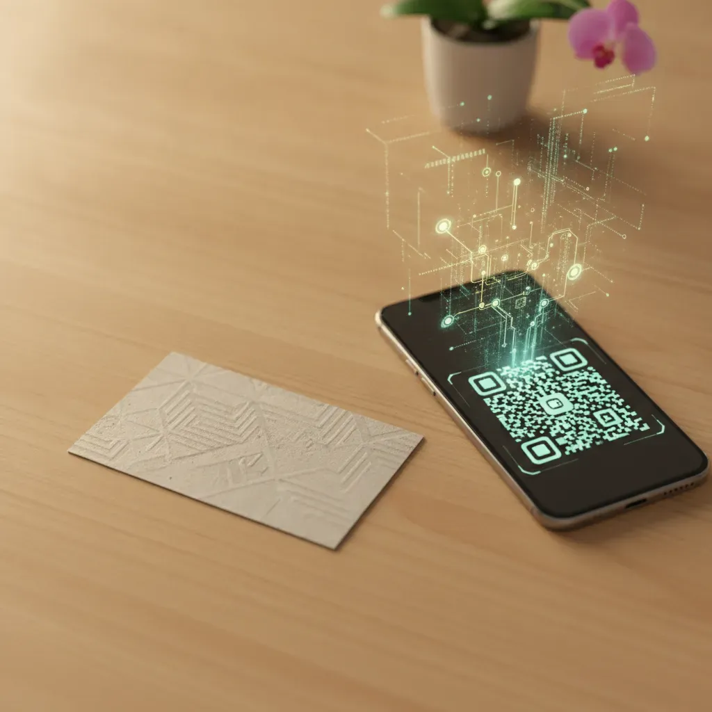 A professional business card with a dynamic QR code on a wooden desk, symbolizing the connection between physical marketing and digital data collection.