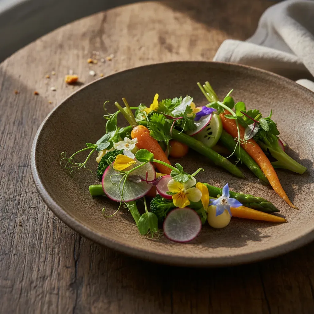 จานอาหารไฟน์ไดน์นิ่งสไตล์ Farm-to-Table ที่ตกแต่งด้วยผักออร์แกนิกสดใหม่