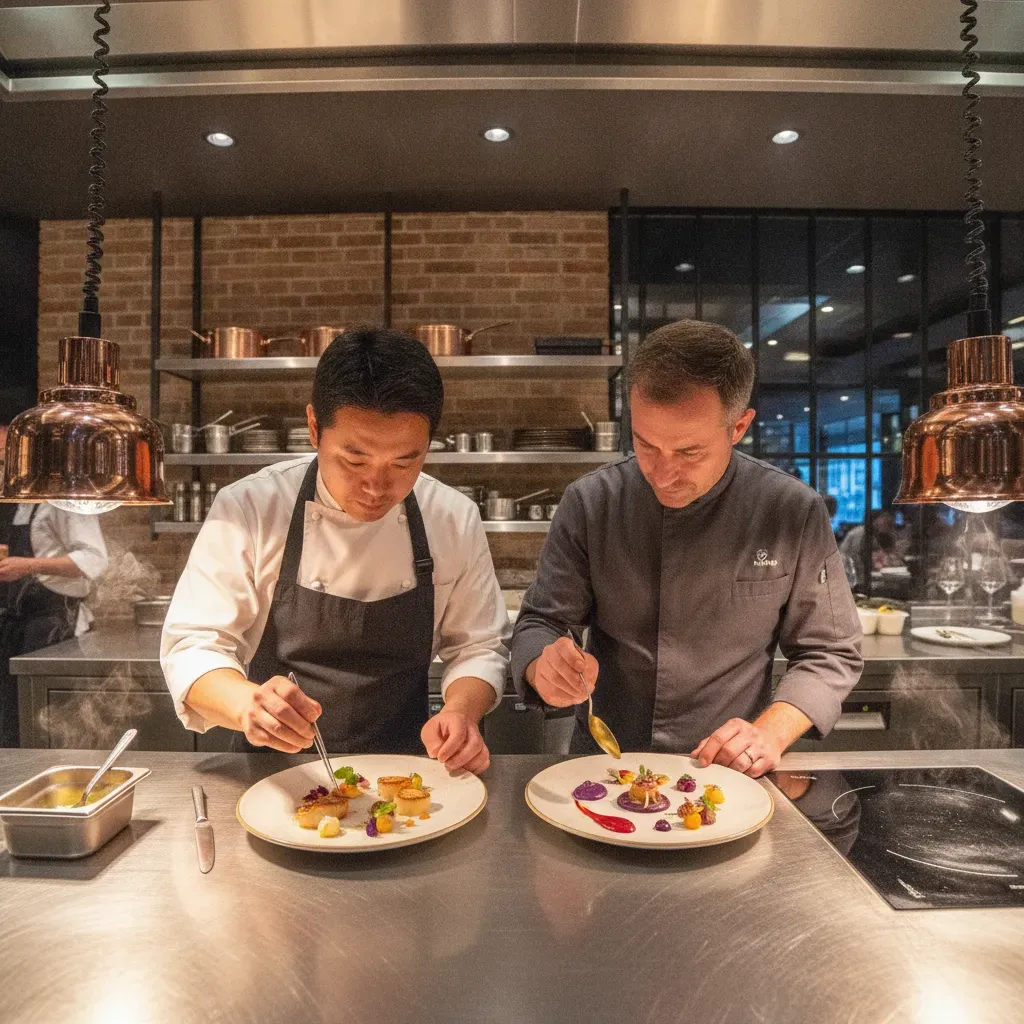 เชฟสองคนกำลังร่วมกันจัดจานอาหารอย่างประณีตในงาน Four-Hands Dinner