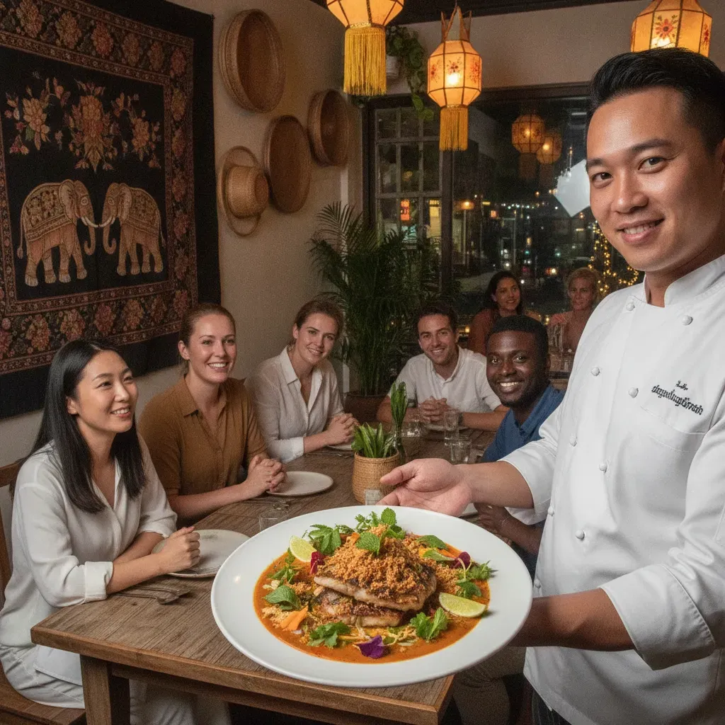 เชฟร้านอาหารท้องถิ่นกำลังเสิร์ฟอาหารไทยที่เป็นเอกลักษณ์ให้กับนักท่องเที่ยวสายกิน