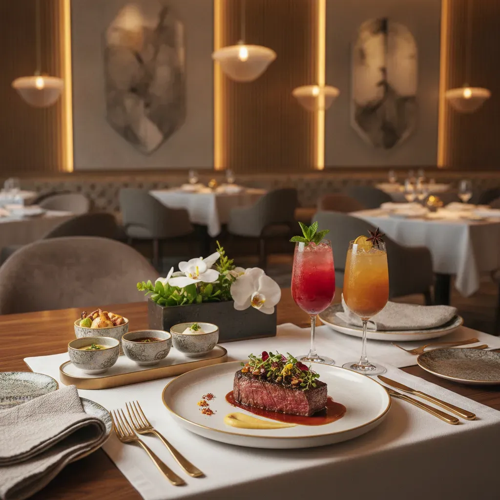 บรรยากาศร้านอาหาร Halal Fine Dining ที่ตกแต่งอย่างหรูหรา พร้อมจานเนื้อวากิวพรีเมียมและเครื่องดื่มม็อกเทล
