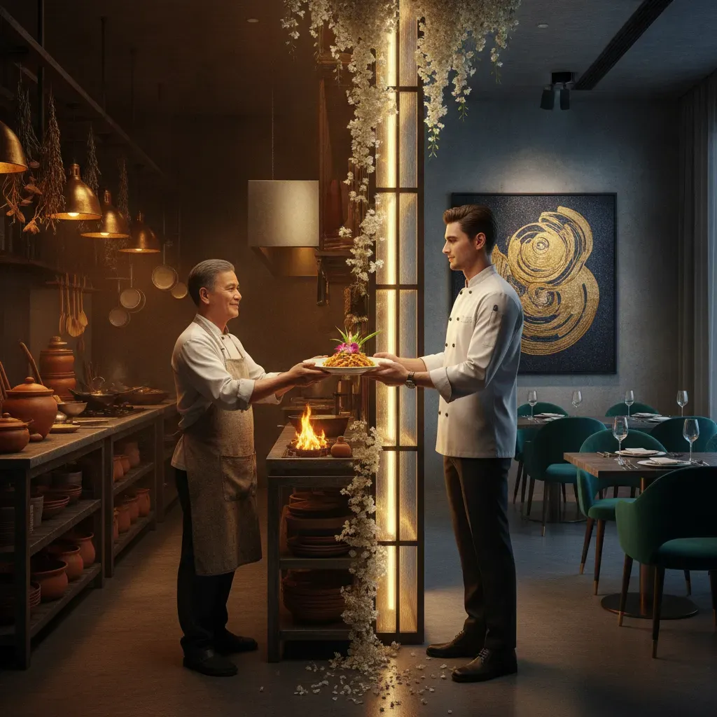 ภาพเชฟสองวัยกำลังส่งต่อจานอาหาร สื่อถึงการสืบทอดร้านอาหารครอบครัวสู่ยุคใหม่