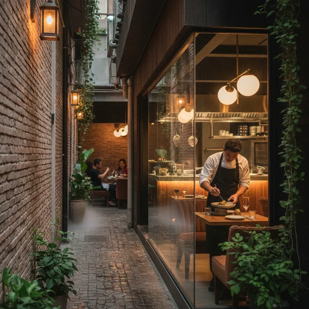 บรรยากาศร้านอาหารสไตล์ร้านลับที่ซ่อนตัวอยู่อย่างเงียบสงบ พร้อมเชฟที่กำลังจัดจานอย่างพิถีพิถัน