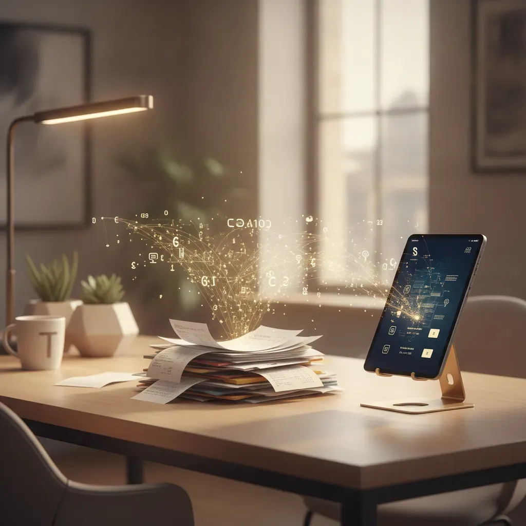 A professional desk setup showing paper receipts being digitized into data on a tablet, symbolizing the transition to automated accounting.