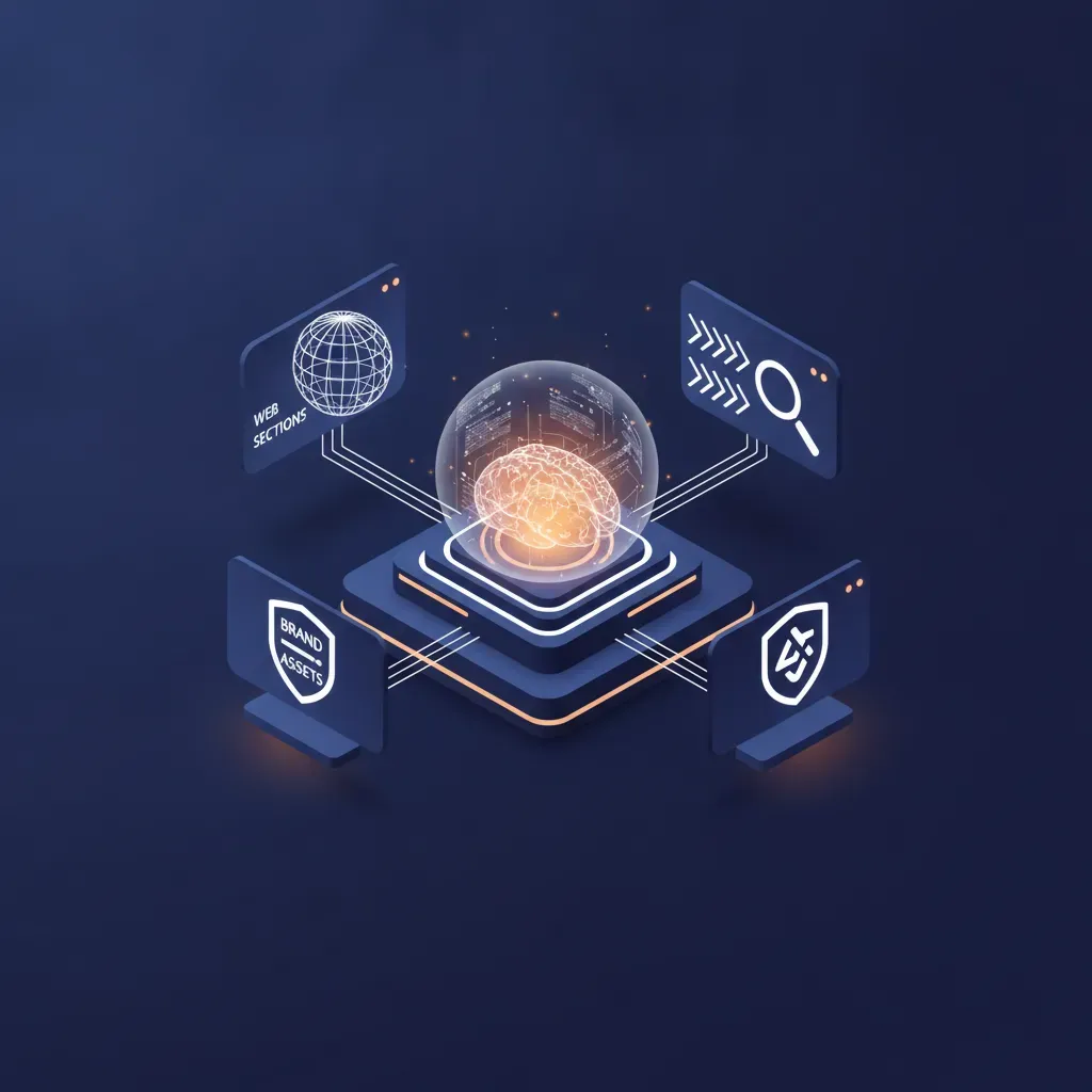 A high-tech, 3D abstract illustration of AI systems organizing business strategy into structured, modular digital components.
