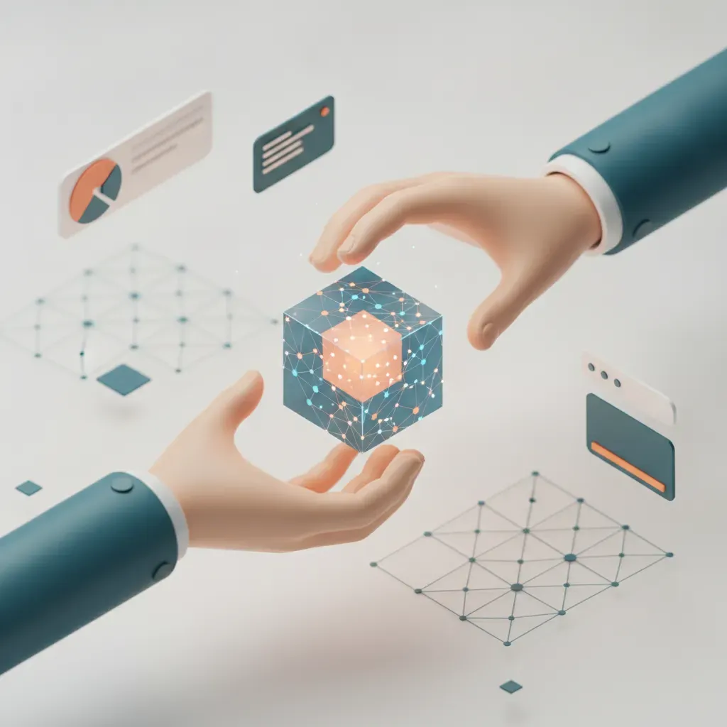 Digital illustration of a professional website project handover process using Ai Create Web, featuring a data relay concept.