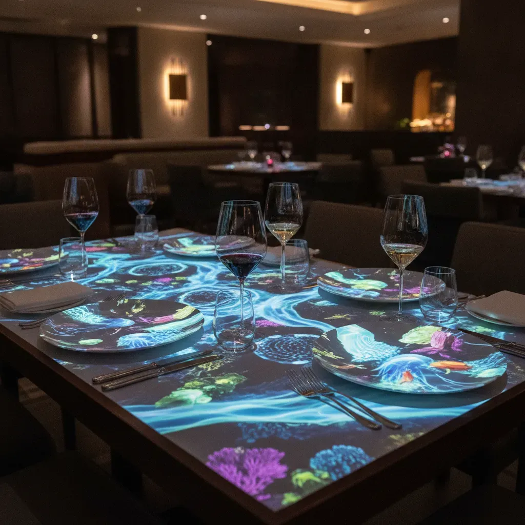 บรรยากาศการรับประทานอาหารสไตล์ Immersive Dining ที่มีการฉายภาพ 3D Projection Mapping ลงบนโต๊ะอาหาร