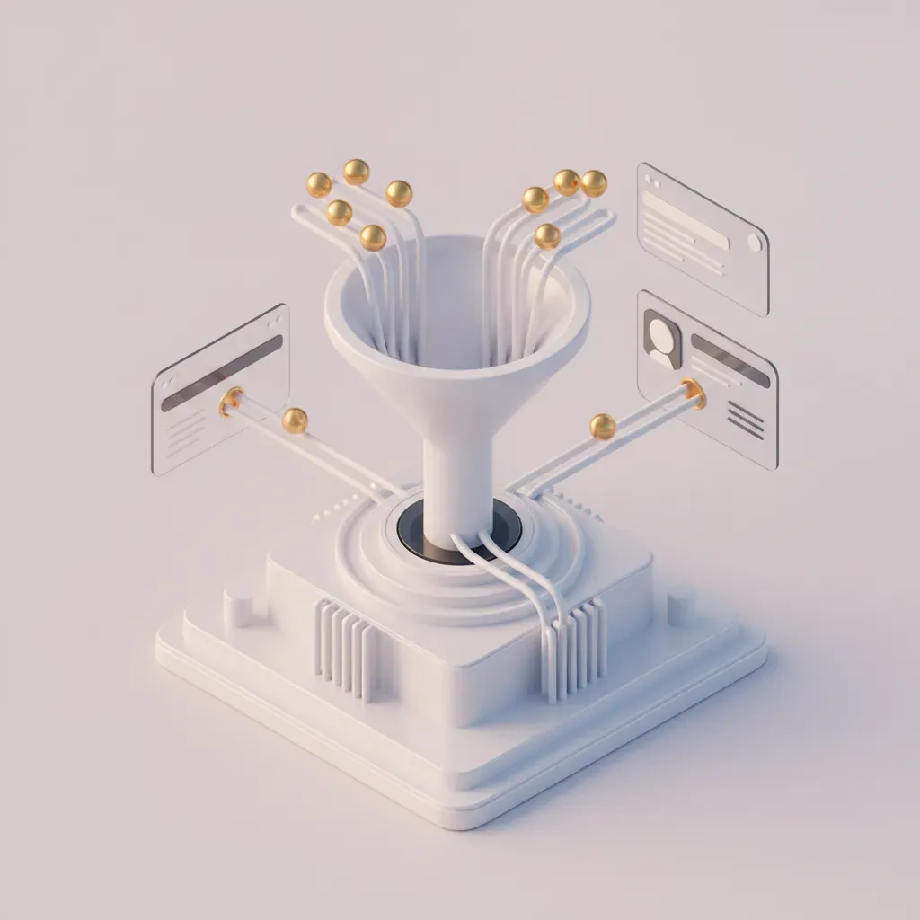 A 3D isometric visualization of a digital conversion funnel flowing into a modern management dashboard, representing the Ai Create Web platform.