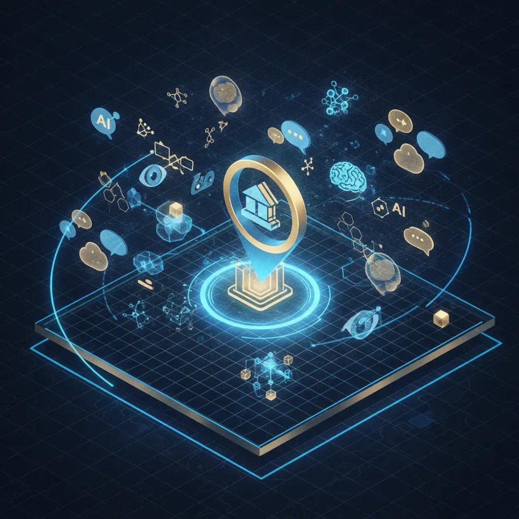ภาพจำลองหมุดแผนที่ดิจิทัลและสัญลักษณ์ AI Search ที่เชื่อมโยงข้อมูลธุรกิจท้องถิ่น