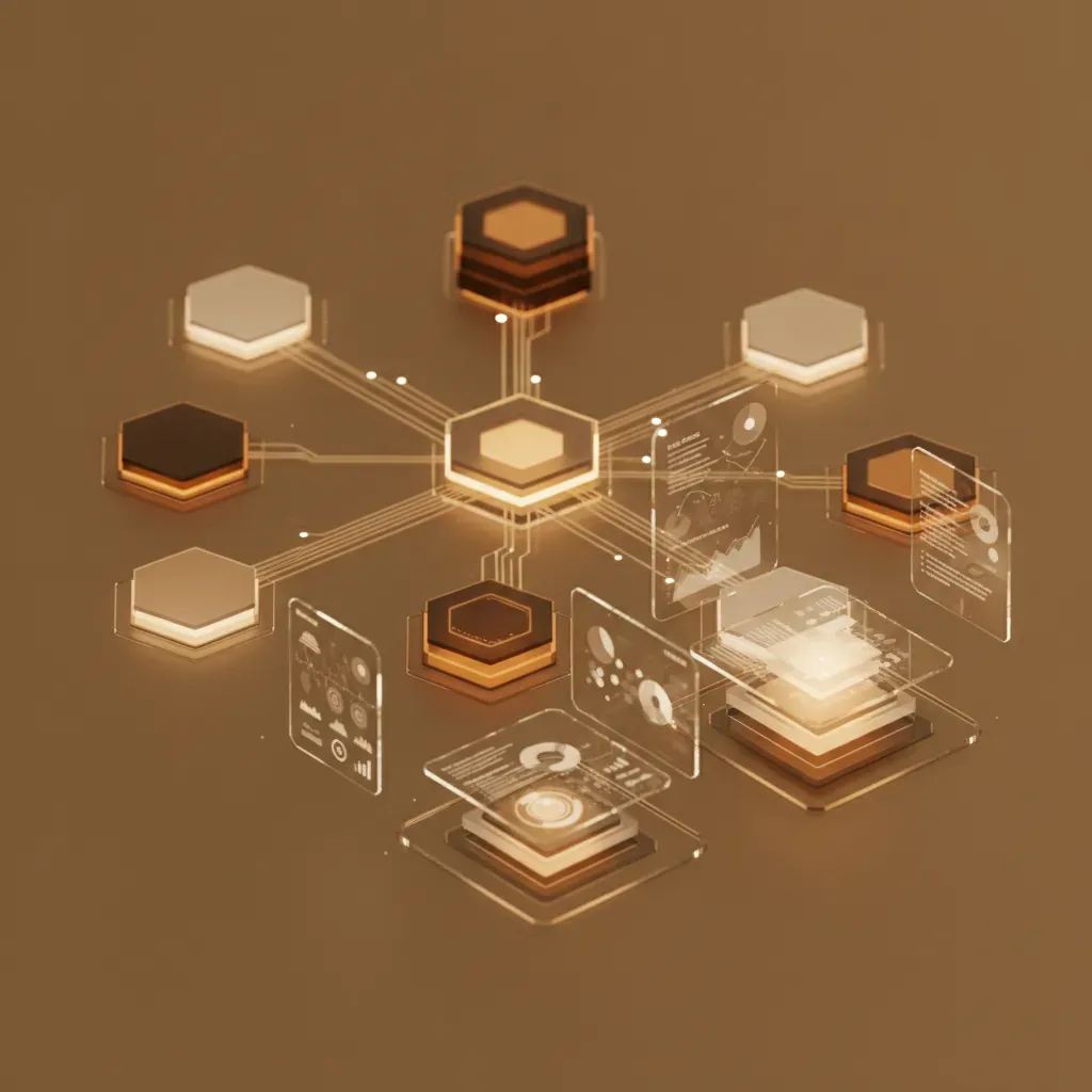A 3D digital illustration showing a centralized dashboard interface organizing multiple brand identities into distinct, secure hexagonal nodes, symbolizing Multi-tenant architecture.