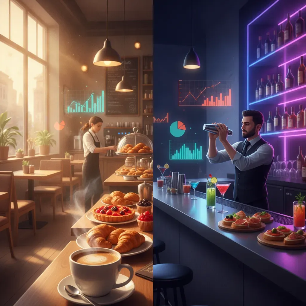 ภาพบรรยากาศเปรียบเทียบร้านอาหารแบบ Multi-Concept ระหว่างคาเฟ่กลางวันและบาร์กลางคืน