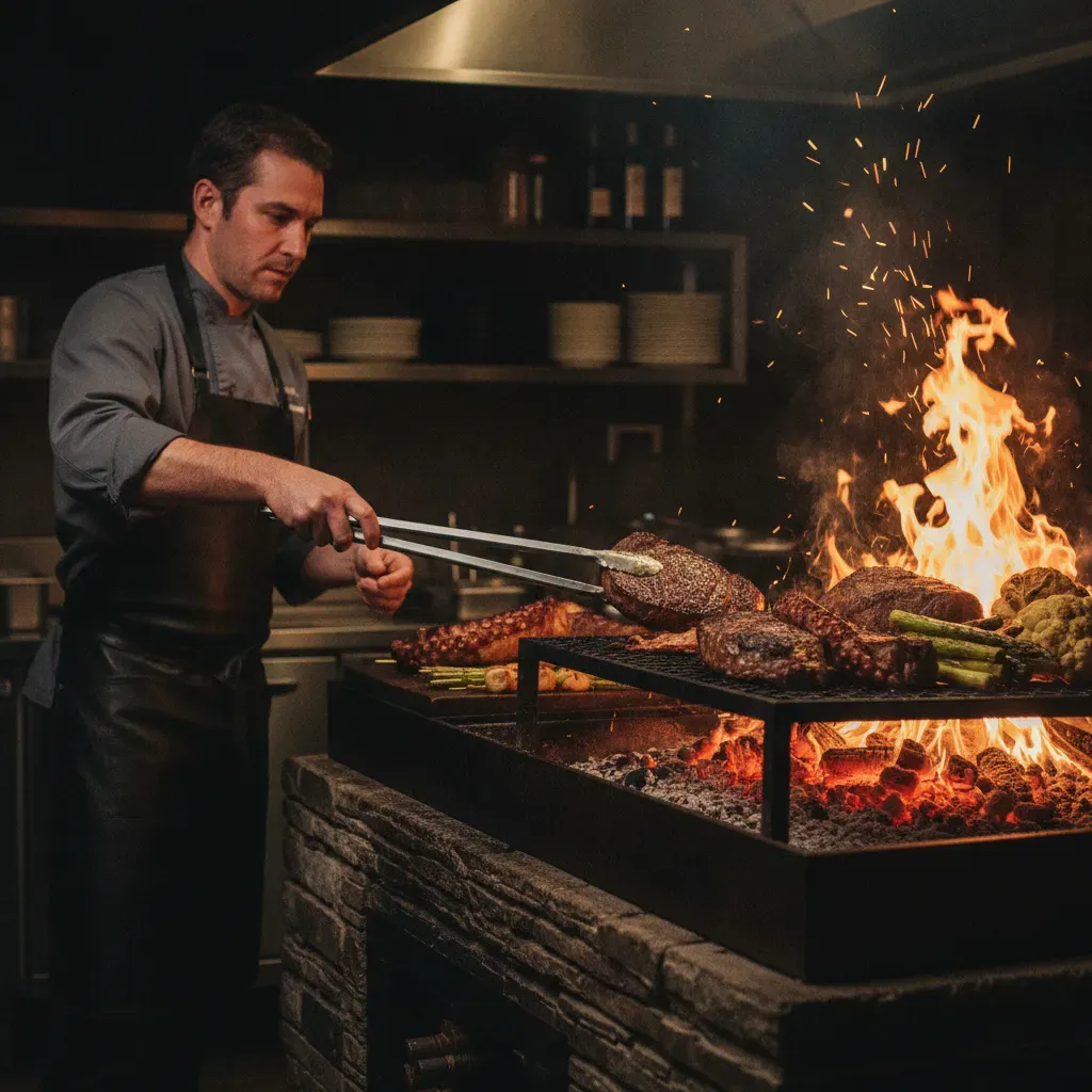 เชฟกำลังปรุงอาหารอย่างพิถีพิถันบนเตาฟืนในร้านอาหารไฟน์ไดน์นิ่งสไตล์ Open-Fire Cooking