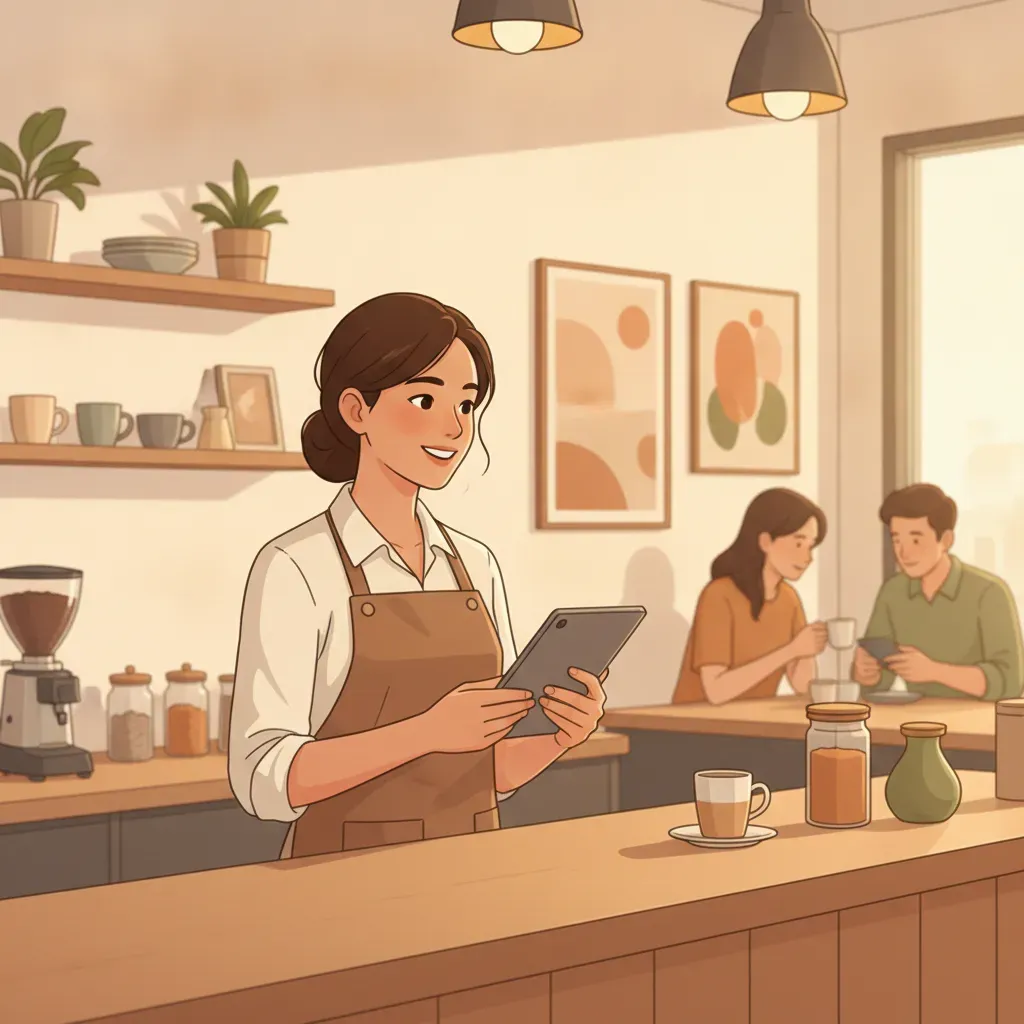 พนักงานร้านกาแฟกำลังต้อนรับลูกค้าประจำด้วยความยิ้มแย้มและจดจำเมนูโปรดได้ สร้างบรรยากาศที่อบอุ่นและเป็นกันเอง