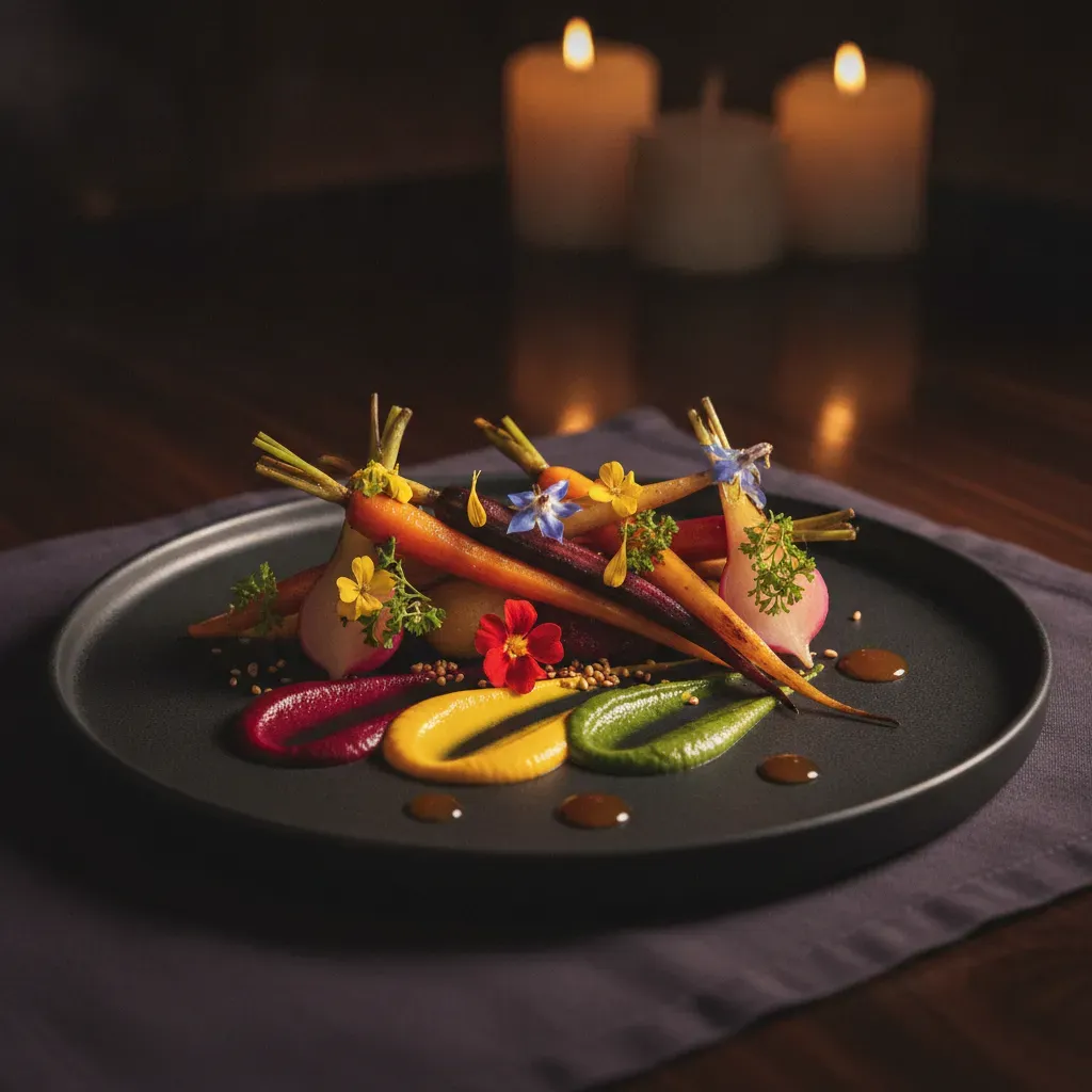 การจัดจานอาหารเมนู Plant-Based ระดับไฟน์ไดน์นิ่งที่แสดงให้เห็นถึงความประณีตและศิลปะชั้นสูง