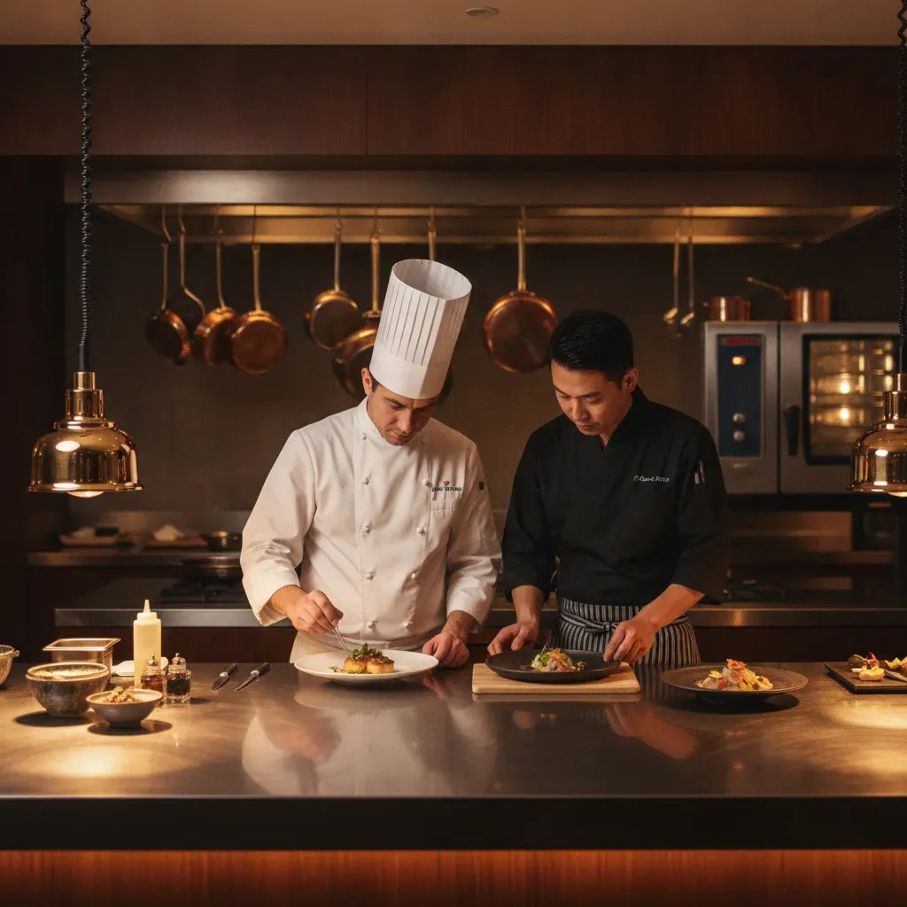 เชฟสองคนกำลังร่วมกันจัดจานอาหารอย่างประณีตในงาน Four-Hands Dinner