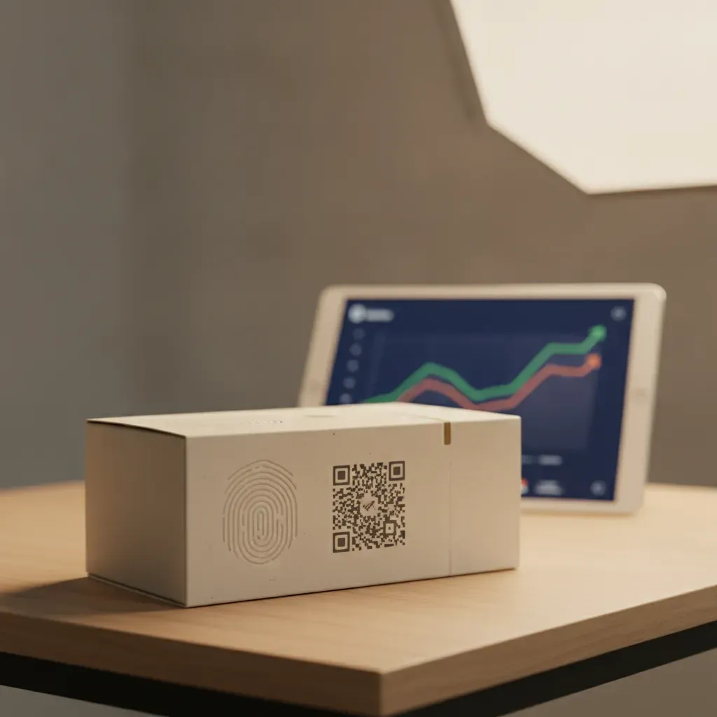 A premium product box with a QR code on a minimalist desk, symbolizing the bridge between physical packaging and digital data analytics in a business context.