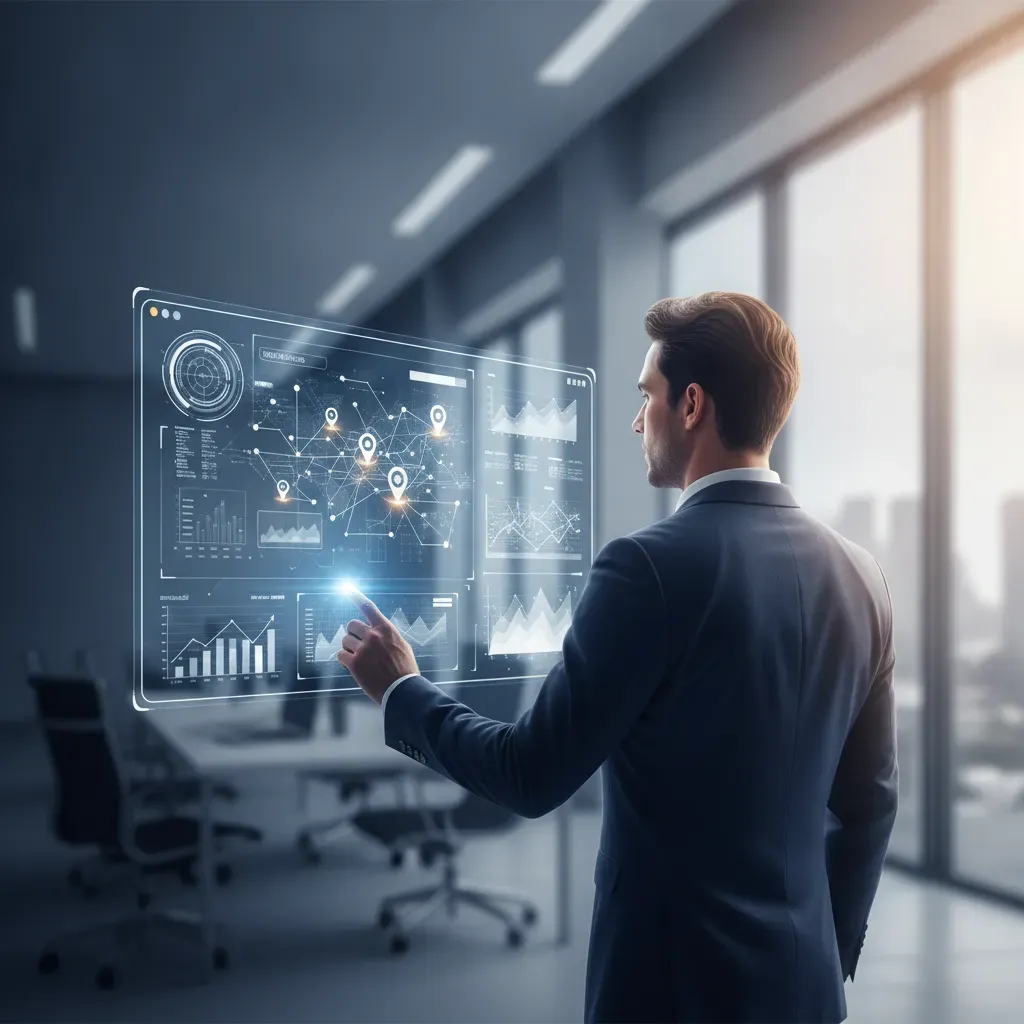 Digital illustration of a business owner using a real-time data dashboard to manage multiple retail store locations efficiently.