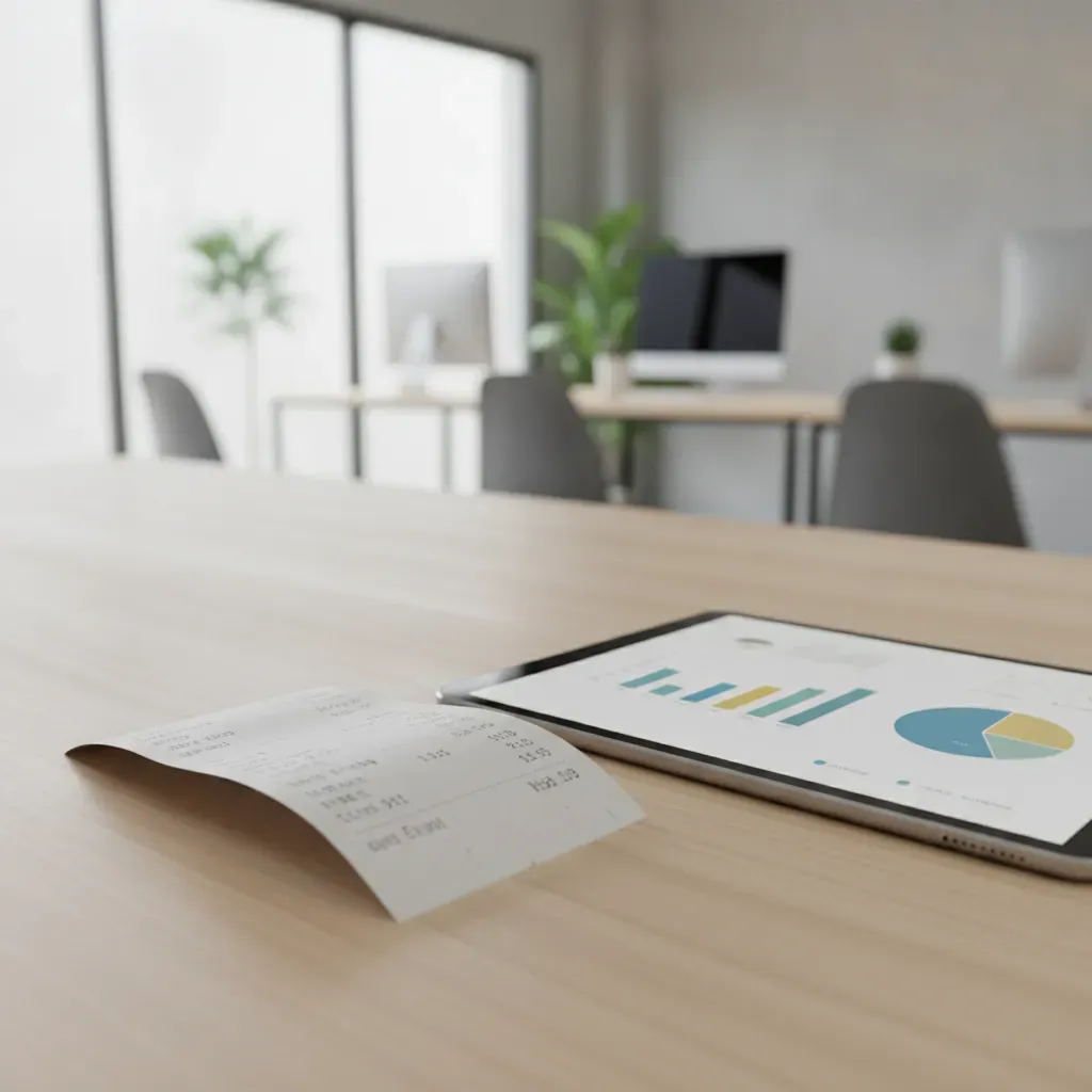 A close-up view of a business receipt on a desk next to a digital tablet showing analytics, symbolizing data-driven business growth.