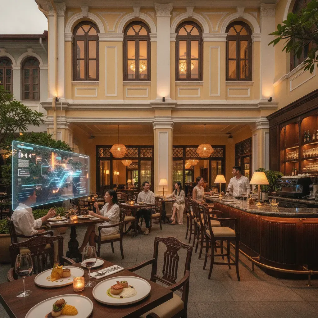 บรรยากาศร้านอาหารและคาเฟ่ที่ดัดแปลงจากอาคารประวัติศาสตร์สไตล์ชิโนโปรตุกีส ตกแต่งอย่างสวยงามและคลาสสิก