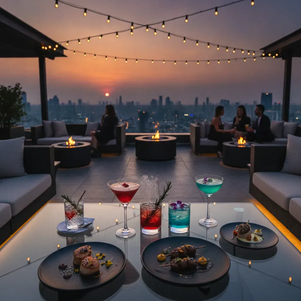 บรรยากาศ Rooftop Bar หรูพร้อมวิวเมืองยามพระอาทิตย์ตกดิน