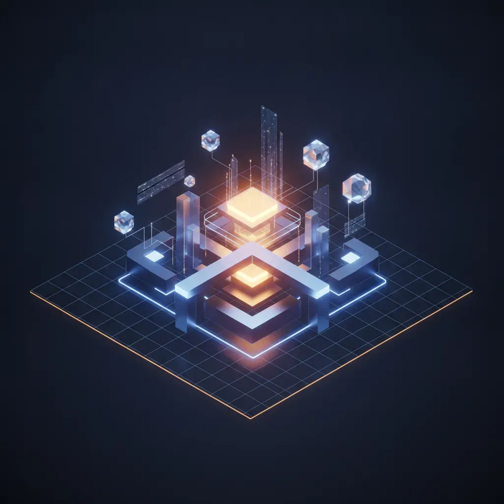 A 3D isometric illustration of a digital website blueprint being built by abstract light particles, representing the systematic foundation of AI-powered SEO.