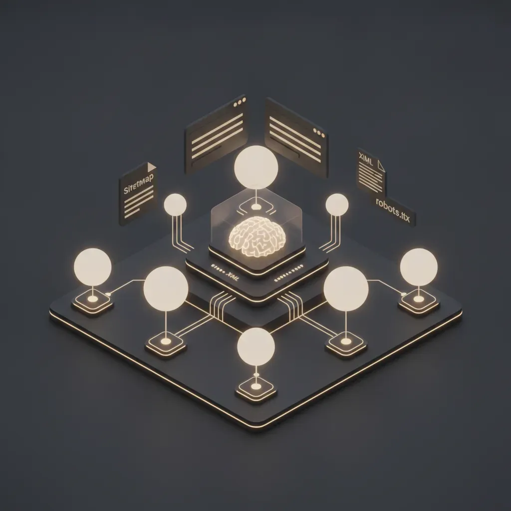 A 3D abstract illustration of a digital website structure with glowing nodes, data pathways, and icons representing SEO optimization elements.