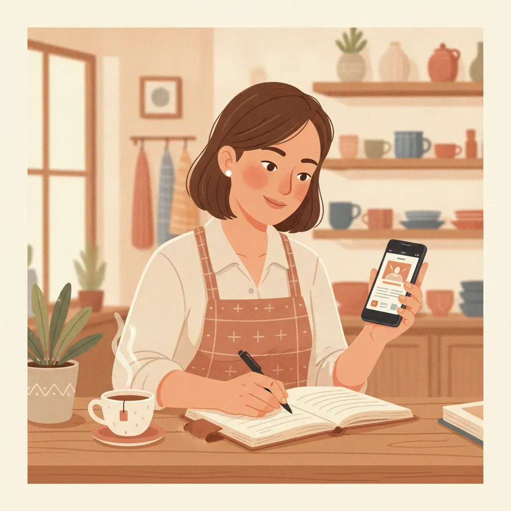เจ้าของร้านค้ารายย่อยกำลังจดบันทึกข้อมูลลูกค้าอย่างใส่ใจด้วยสมุดและสมาร์ทโฟนในร้านบรรยากาศอบอุ่น แสดงถึงแนวทางการทำ CRM แบบเป็นกันเอง