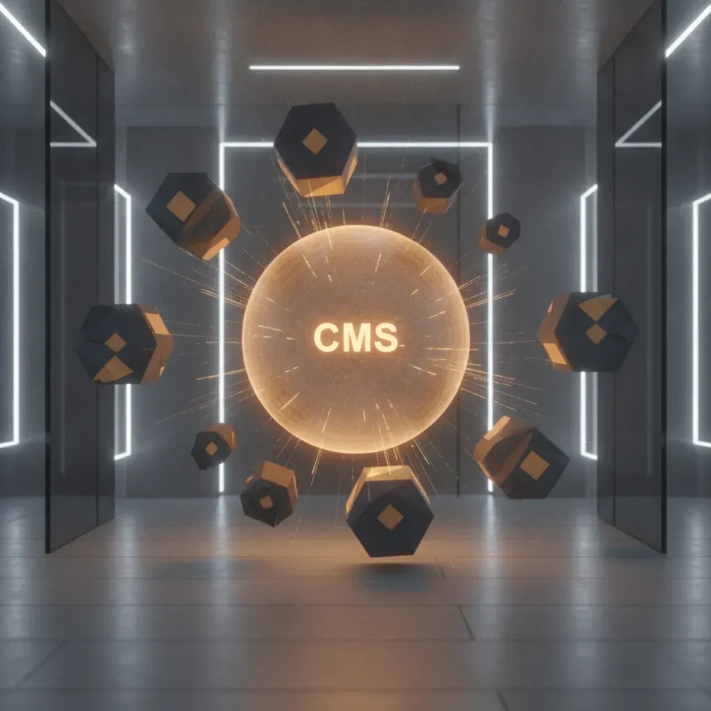 A modern 3D illustration showing a digital CMS platform with interconnected nodes, representing secure enterprise content management and AI integration in warm professional tones.