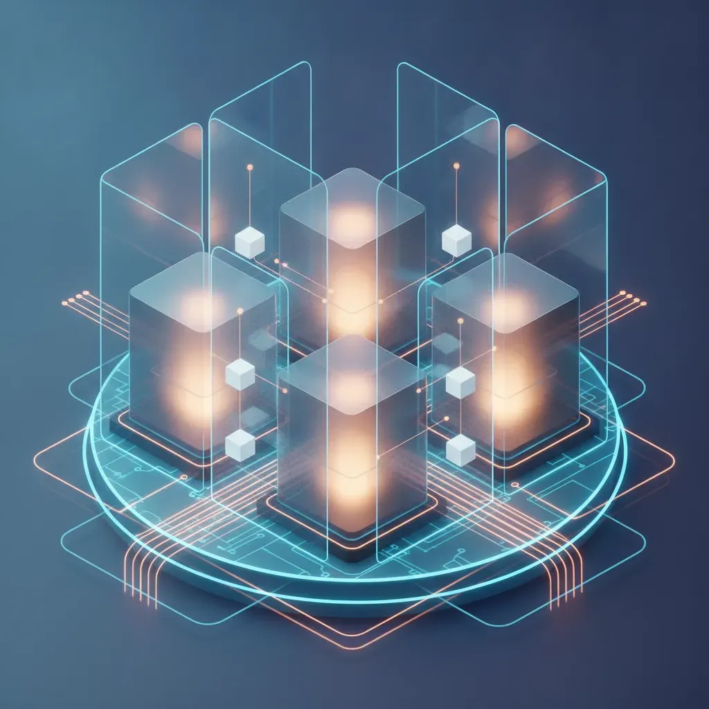 ภาพกราฟิก 3D แสดงสถาปัตยกรรมระบบ Tenant Isolation บน Ai Create Web ที่มีการแยกส่วนข้อมูลอย่างปลอดภัยและชัดเจน