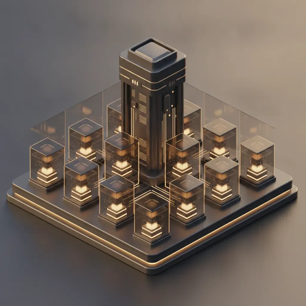 A modern 3D illustration depicting a secure Multi-Tenant CMS architecture where multiple website data modules are organized and isolated within a professional digital platform.